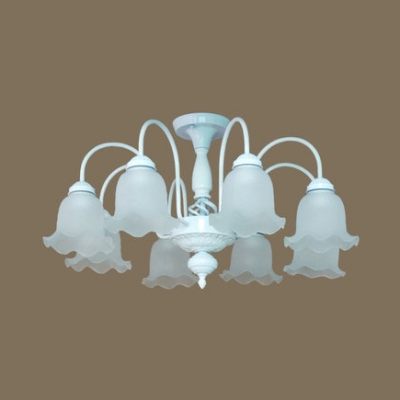 Restaurant Flower Semi Flush Light Frosted Glass 3/5/6/8 Lights Antique White Ceiling Light