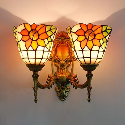 Rustic Style Bell Wall Light with Sunflower 2 Lights Stained Glass Sconce Light for Bedroom