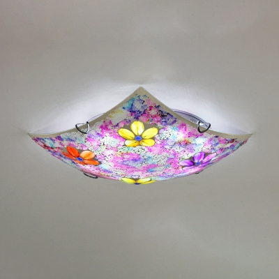 Square Ceiling Mount Light Rustic Style Stained Glass Ceiling Light in Purple/Pink for Bedroom