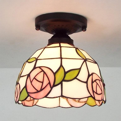 Stained Glass Bowl Flush Light 1 Light Yellow Victoria/Magnolia/Rose/Blue Victoria Ceiling Light for Bathroom