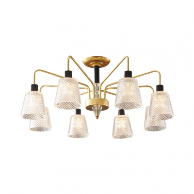 Traditional Gold Ceiling Lamp Bucket Shade 8/10 Lights Lattice Glass Semi Flush Ceiling Light for Living Room