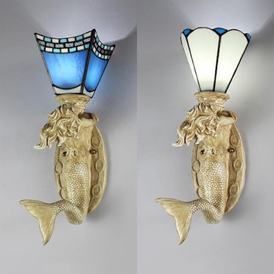 White/Blue Cone Wall Light 1 Light Mediterranean Style Resin and Stained Glass Sconce Light for Dining Room