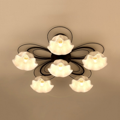 White Flower Shade Semi Flush Mount Light 3/5/6 Lights Contemporary Metal Light Fixture for Bedroom Dining Room