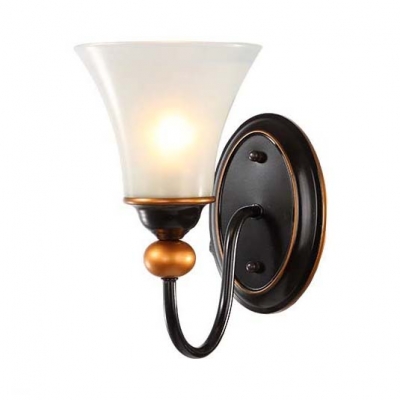 White Tapered Shade Wall Light Antique Style Metal Glass Sconce Lamp in Black for Dining Room Bathroom