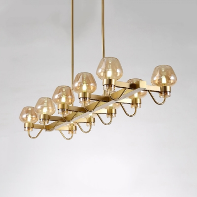 10 Lights Linear Chandelier Vintage Style Metal and Clear/Amber/Smoke Gray Glass Pendant Light in Gold for Dining Room