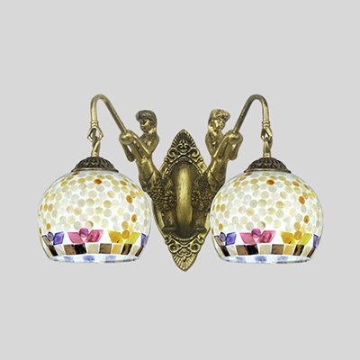 2 Lights Globe Wall Light Antique Glass Shell Sconce Lamp with Mermaid for Dining Room