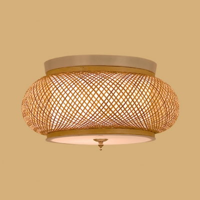 3 Lights Circle Flush Mount Light Rustic Style Rattan Ceiling Light in Beige for Living Room Foyer