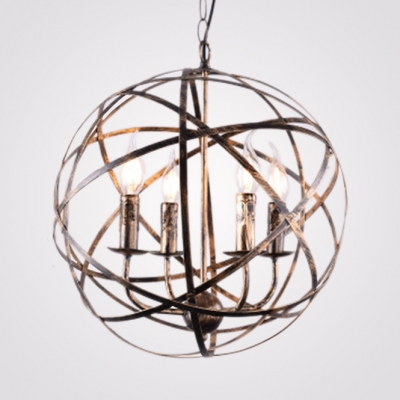 4 Lights Candle Chandelier with Globe Cage Vintage Style Metal Pendant Lamp for Kitchen Dining Room