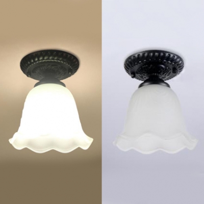 American Rustic Bell Ceiling Fixture Frosted Glass 1 Light White Flush Mount Light for Hallway