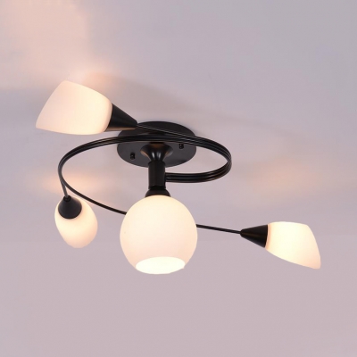 American Rustic Twisted Arm Light Fixture 4/6 Lights Metal and Frosted Glass Semi Flush Ceiling Light in White/Black