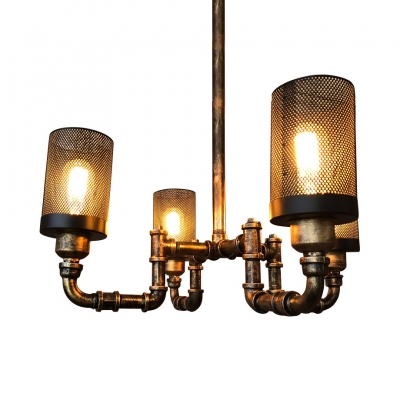 Black Cylinder Chandelier Lighting with Metal Mesh 4 Lights Vintage Rustic Ceiling Pendant in Antique Bronze