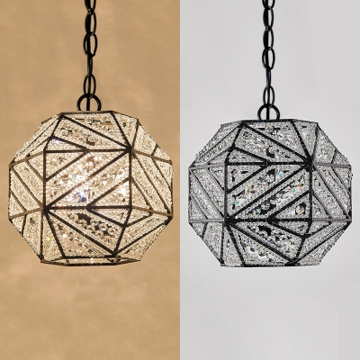 Black Polyhedron Shade Chandelier 3 Lights Antique Style Metal and Crystal Ceiling Light for Foyer
