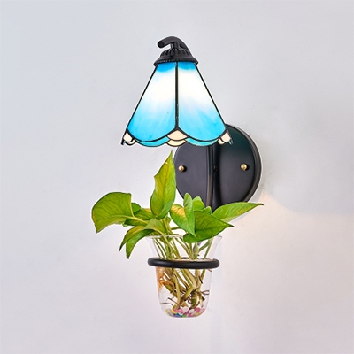 Blue/White Scalloped Wall Light with Plant Decoration 1 Light Stained Glass Tiffany Wall Lamp for Living Room