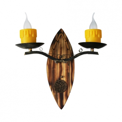 Candle Style Wall Light Corridor 2 Lights Vintage Sconce Light with Wooden Base in Aged Brass