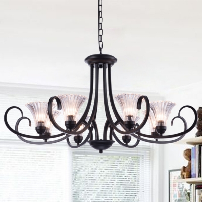 Clear Glass Bell Chandelier 4/6/8 Lights American Rustic Pendant Light in Black for Bedroom