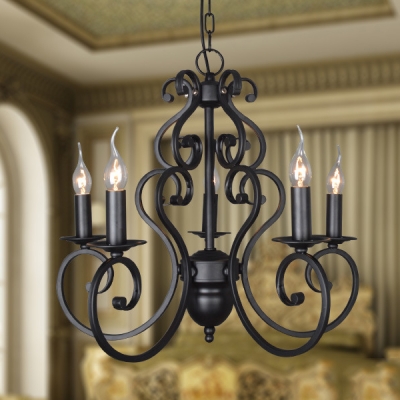 Colonial Style Candle Hanging Light 5/6 Lights Metal Chandelier in Black for Dining Room