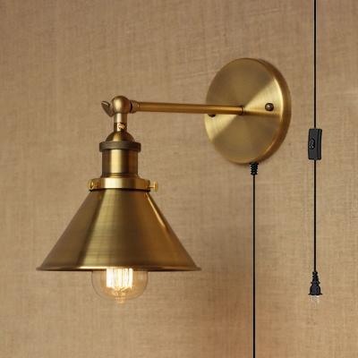 Cone Shape Kitchen Foyer Wall Light Metal 1 Light Vintage Style Plug In Sconce Light in Gold