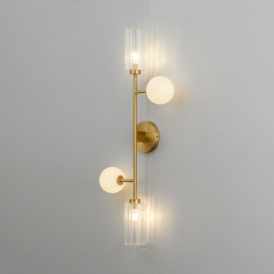 Contemporary Linear Wall Light with Cylinder and Globe Shade 4 Lights Metal Sconce Light in Brass for Hotel