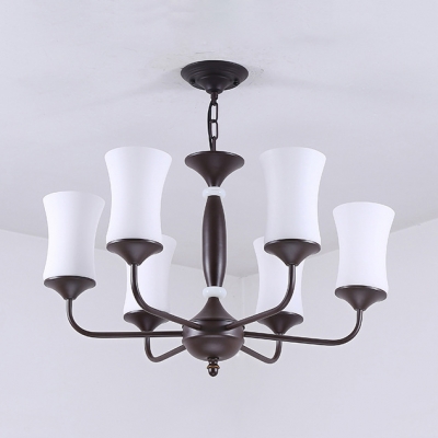 Curved Shade Dining Room Chandelier Metal Glass 3/6/8 Lights Traditional Hanging Light in Matte Black