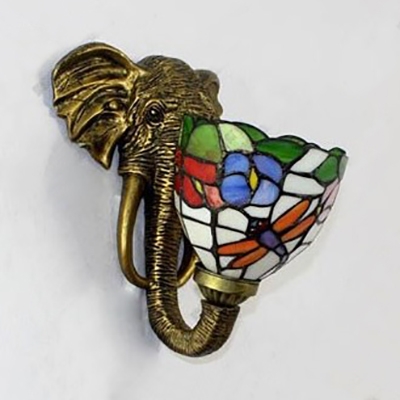 Dome Shade Wall Light with Elephant 1 Light Tiffany Style Rustic Stained Glass Wall Sconce for Hotel