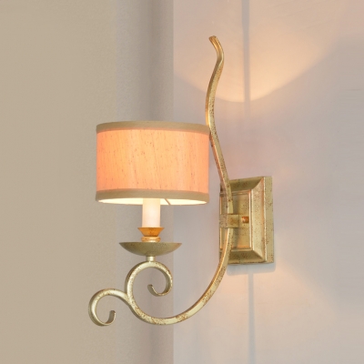 Fabric Metal White Drum Sconce Light Study Bedroom 1/2 Lights Vintage Style Wall Lamp