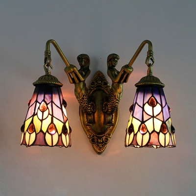 Flower/Peacock Tail Sconce Light with Mermaid Hotel 2 Lights Tiffany Style Stained Glass Wall Light