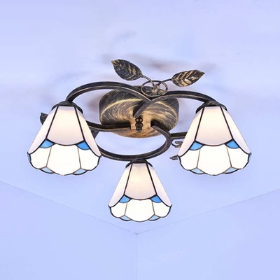 Hand Made Cone Ceiling Light Dining Room 3 Lights White/Blue Glass Tiffany Style Semi Flush Mount Light