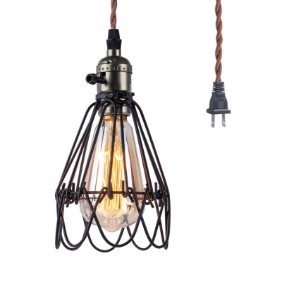 Metal Wire Cage Hanging Light Dining Room 1 Light Vintage Style Plug In Pendant Lamp in Black