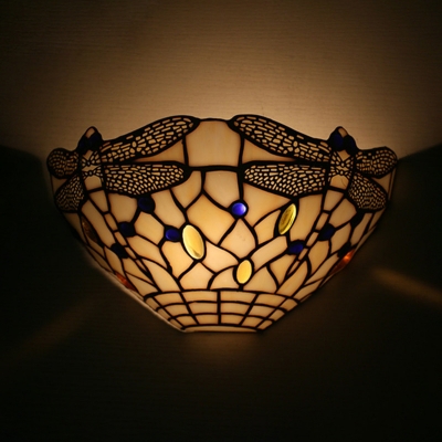 Dragonfly Pattern Dining Room Wall Lamp Glass Tiffany Style Vintage Sconce Light with Multi Color