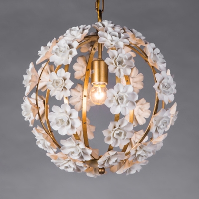 Living Room Globe Chandelier Lamp Metal Single Light Gold/Silver Pendant Light with Flower Decoration