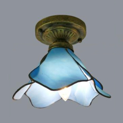 Lotus Hallway Flush Mount Light Blue/Pink Glass 1 Light Rustic Style Ceiling Lamp