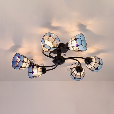 Mediterranean Style Conical Ceiling Light Stained Glass 6 Lights Blue/Yellow Semi Flush Light for Hotel