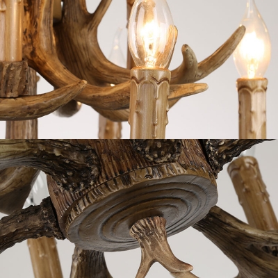 Resin Candle Hanging Light with Antlers Decoration Living Room 9 Lights Vintage Style Chandelier