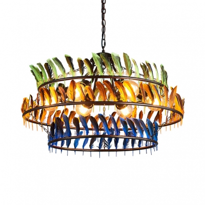 Restaurant Cafe 3-Ring Ceiling Lamp with Colorful Feather 6 Lights Rustic Style Chandelier