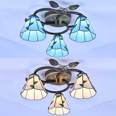 Rustic Cone Ceiling Semi Flush Mount Light Beige/Blue Glass 3 Lights Overhead Light for Bedroom
