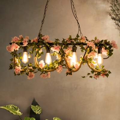 Rustic Style Love Shape Island Light with Flower Decoration 4 Lights Metal and Rope Hanging Light for Living Room