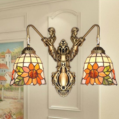 Rustic Style Sunflower Wall Light 2 Lights Stained Glass Wall Lamp for Dining Room