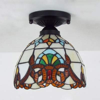 Stained Glass Bowl Flush Light 1 Light Yellow Victoria/Magnolia/Rose/Blue Victoria Ceiling Light for Bathroom