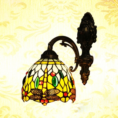 Tiffany Antique Down Light Sconce Stained Glass Metal Dragonfly Pattern Wall Light for Bedroom Hallway