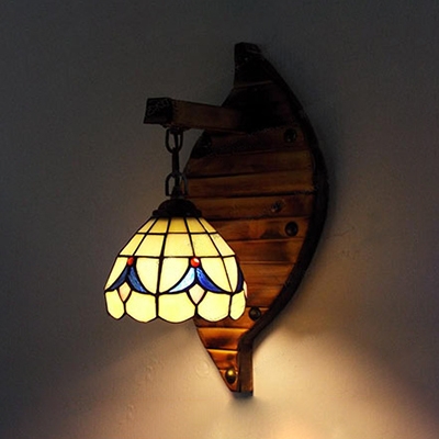 Tiffany Down Lighting Wall Lamp 1 Light Glass and Wood Hand Made Sconce Light for Bedroom