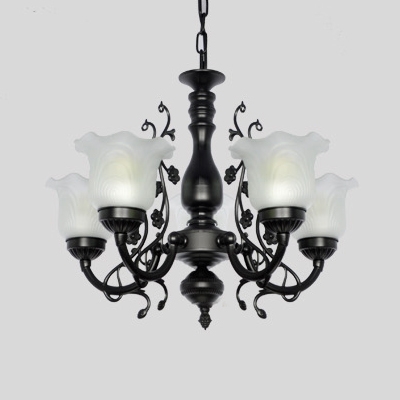 Traditional Black/White Chandelier with Flower Shade 3/5/6 Lights Metal Hanging Light for Bedroom