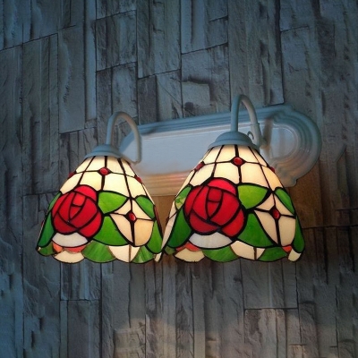 Vintage Style Flower Sconce Light 2 Lights Stained Glass Wall Light for Living Room Foyer
