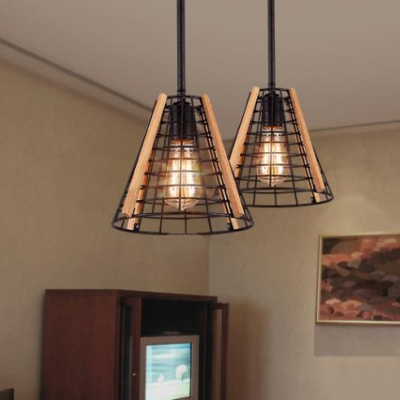 Vintage Style Light Fixture with Cone Cage Shade 1 Light Metal and Wood Hanging Light for Kitchen Hallway