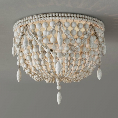 Vintage Style White Ceiling Light with Dome Shape 2 Lights Wooden Beads Flush Mount Light