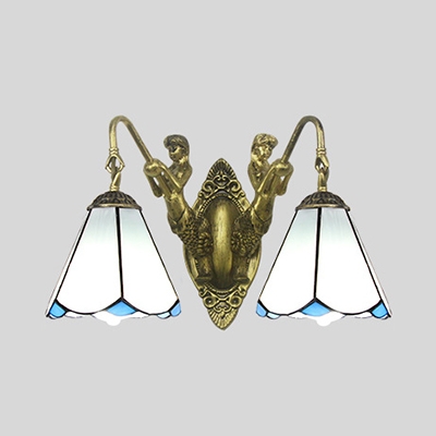 White/Beige Cone Wall Light 2 Lights Vintage Style Glass Sconce Light for Bedroom Kitchen