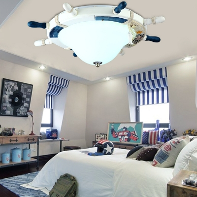 Wood Glass LED Flush Mount Light Third Gear Cool Rudder Shape Ceiling Light for Girl Boy Bedroom