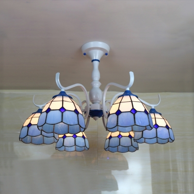Yellow/Blue Dome Semi Ceiling Mount Light 6 Lights Tiffany Style Overhead Light for Hotel
