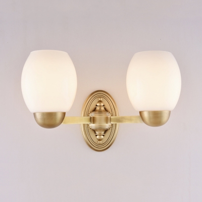 1/2 Lights Barrel Shade Wall Light Simple Style Frosted Glass Sconce Lamp in Brass for Bedroom