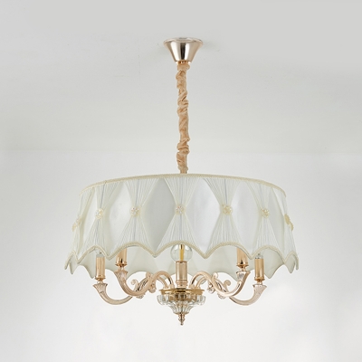 5 Lights Drum Chandelier Traditional Fabric & Metal Hanging Lamp in White for Dining Room