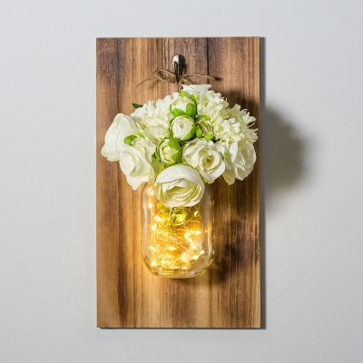 Decorative String Light with White Hydrangea and Clear Bottle Wood and Glass Sting Lamp